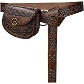 HiiFeuer Medieval Embossed O Ring Belt with Nordic Embossed Belt Bag, Vintage Faux Leather Belt and Belt Pouch Set for LARP