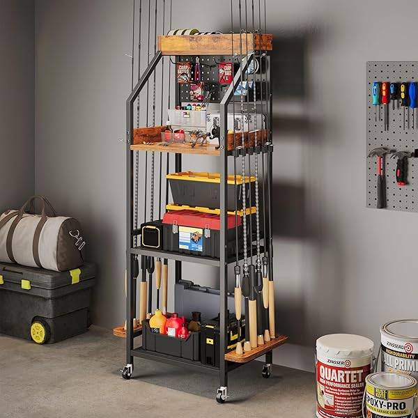 KITIVIALA FISHING ROD HOLDER FOR GARAGE WITH HOOKS & PEGBOARD, 3-TIER FISHING POLE RACK HOLDS 12 RODS, ROLLING FISHING ROD STORAGE ORGANIZER WITH WOODEN TOOL BOX, FISHING TACKLE SHELF FOR ANGLERS