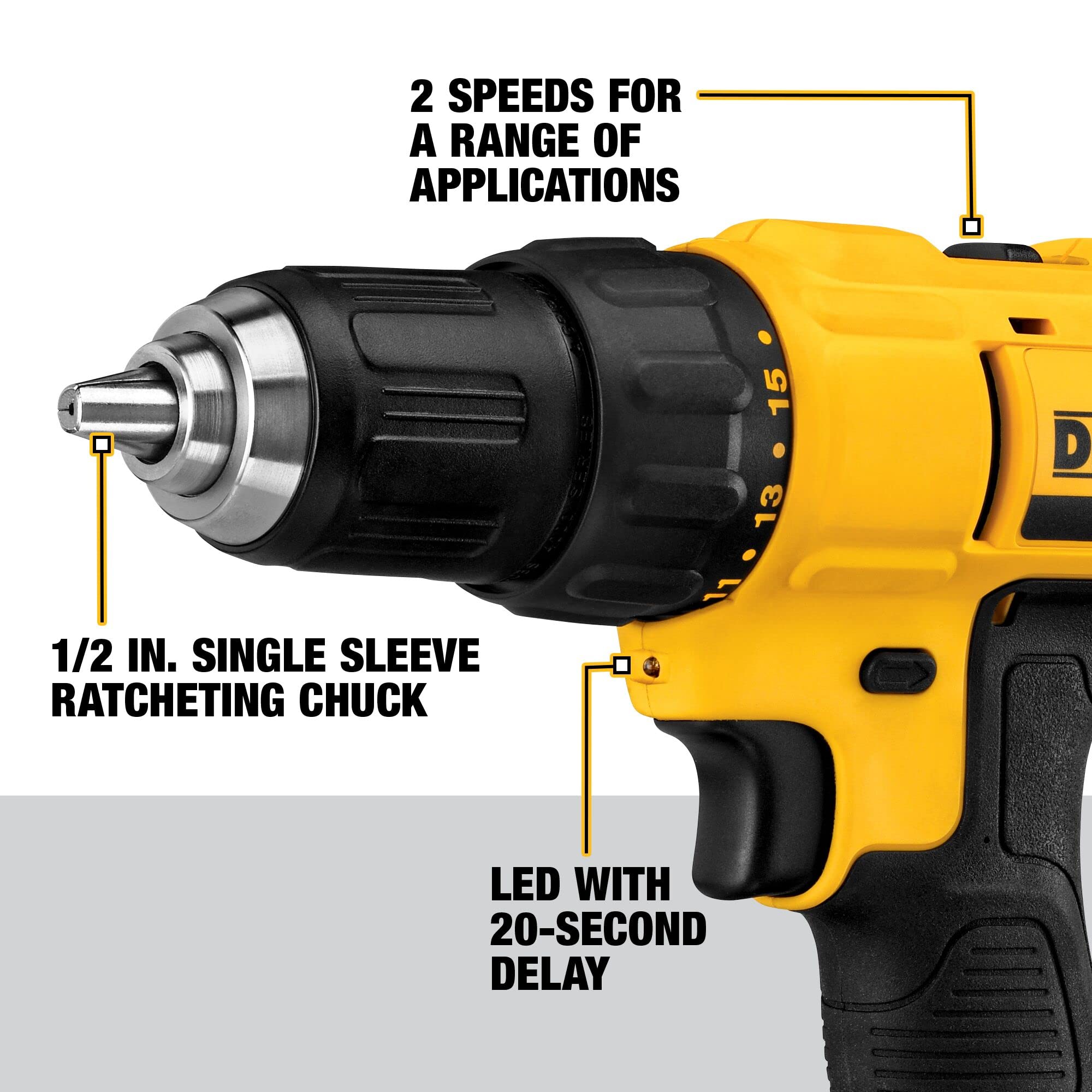 DEWALT 20V Max Cordless Drill Driver Set, 2 Speed, High Performance Motor, Includes 2 XR 1.3Ah Li-Ion Batteries, Charger and Contractor Bag (DCD771C2)