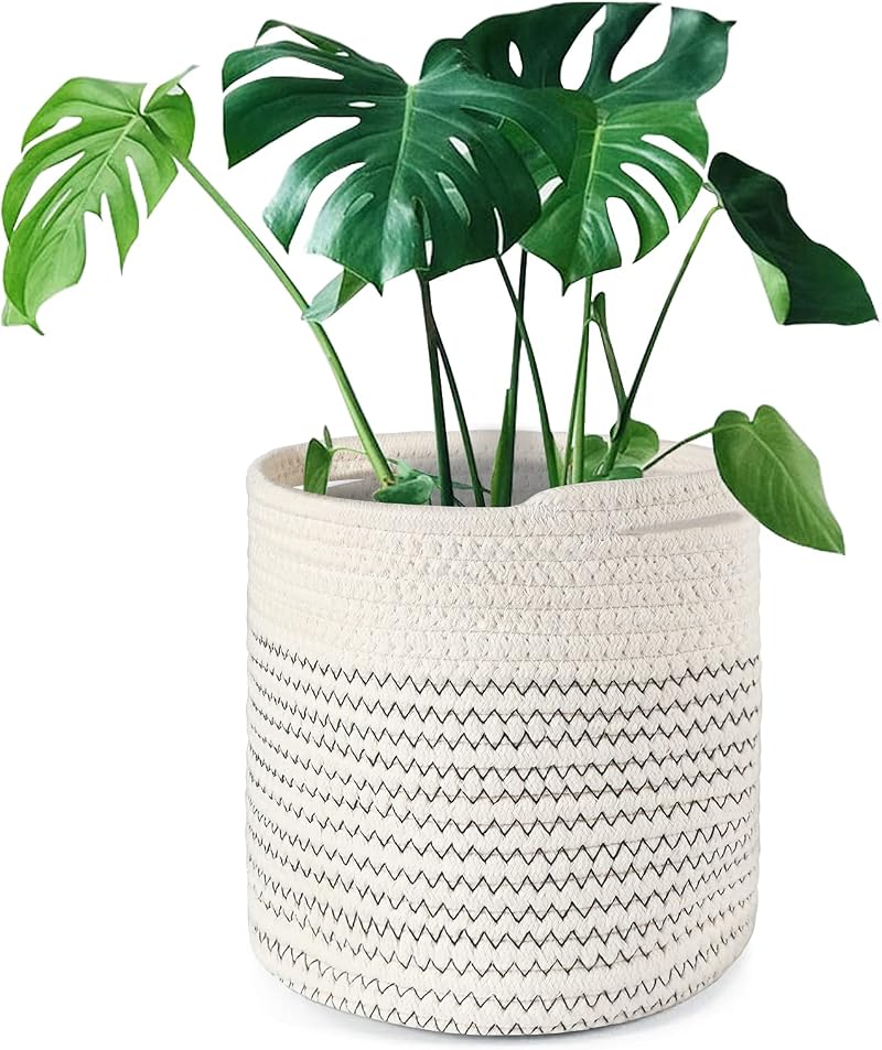 tenn well 20cm Plant Pot with Liner Cotton Indoor Planter Basket Black White