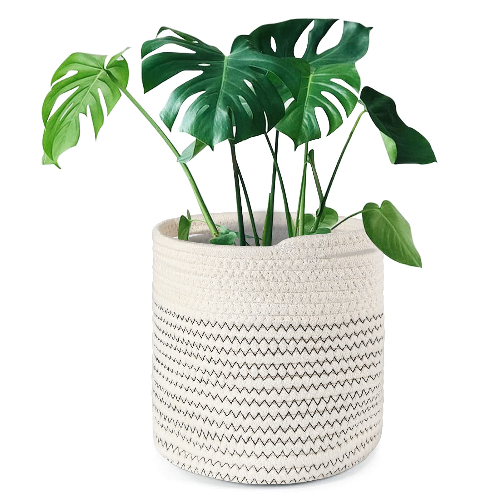 tenn well 20cm Plant Pot with Liner, Cotton Indoor Planter Woven Storage Basket for Indoor Plants Flower Pot and Home Decoration (Black and White)
