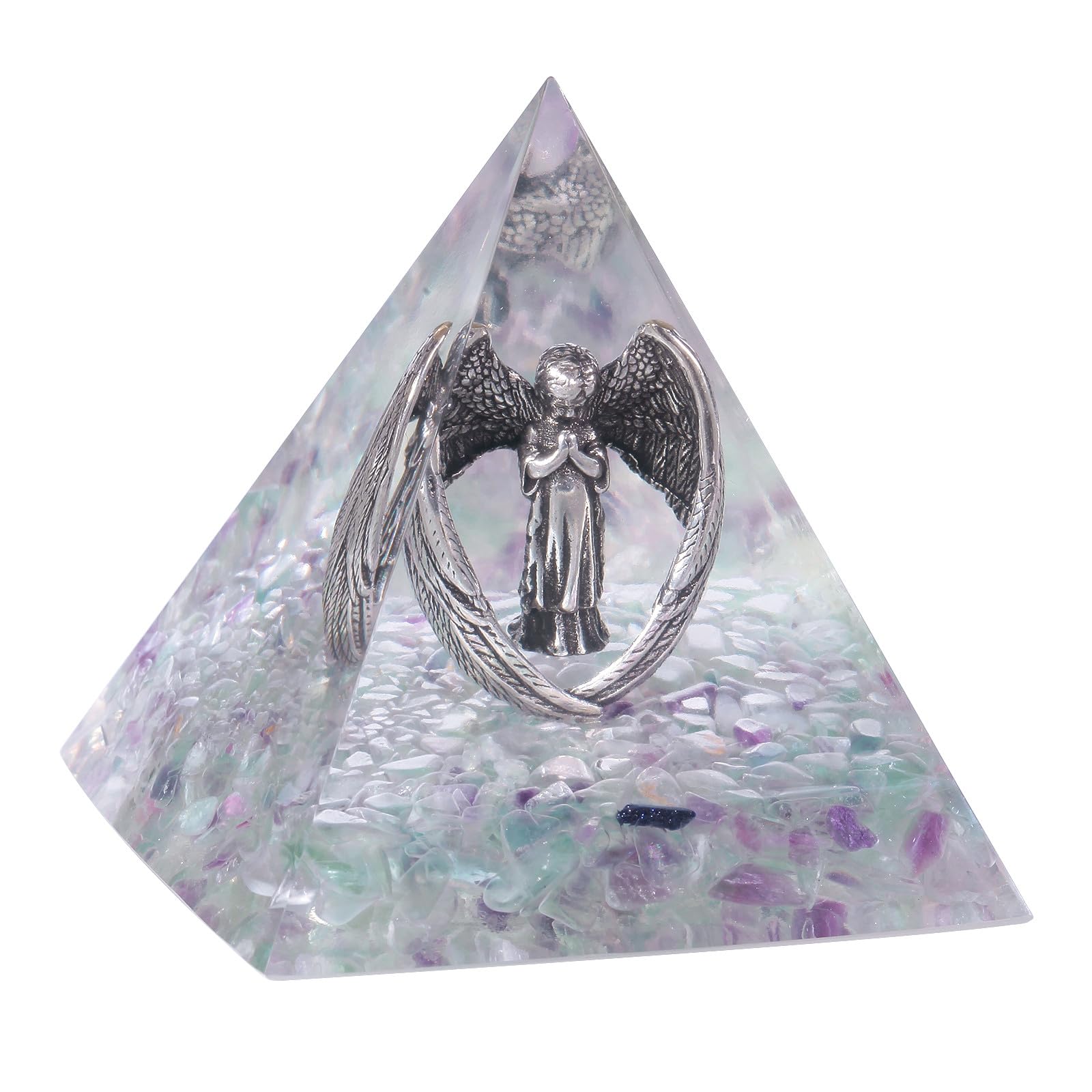 mookaitedecor Natural Rainbow Fluorite Guardian Angel Crystal Pyramid, Love Peace Good Luck Angel Ornament for Home Healing Crystal Pyramid Wiccan Witchcraft Gift Spiritual Room Decor, 6cm/2.36 Inch