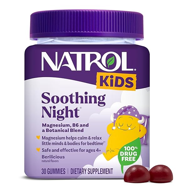 NATROL KIDS SOOTHING NIGHT MAGNESIUM CITRATE GUMMIES, HELPS CALM & RELAX LITTLE MINDS & BODIES FOR BEDTIME FOR THOSE LOW IN MAGNESIUM, PLUS VITAMIN B6 SUPPORTS BRAIN FUNCTION, 30 BERILICIOUS GUMMIES