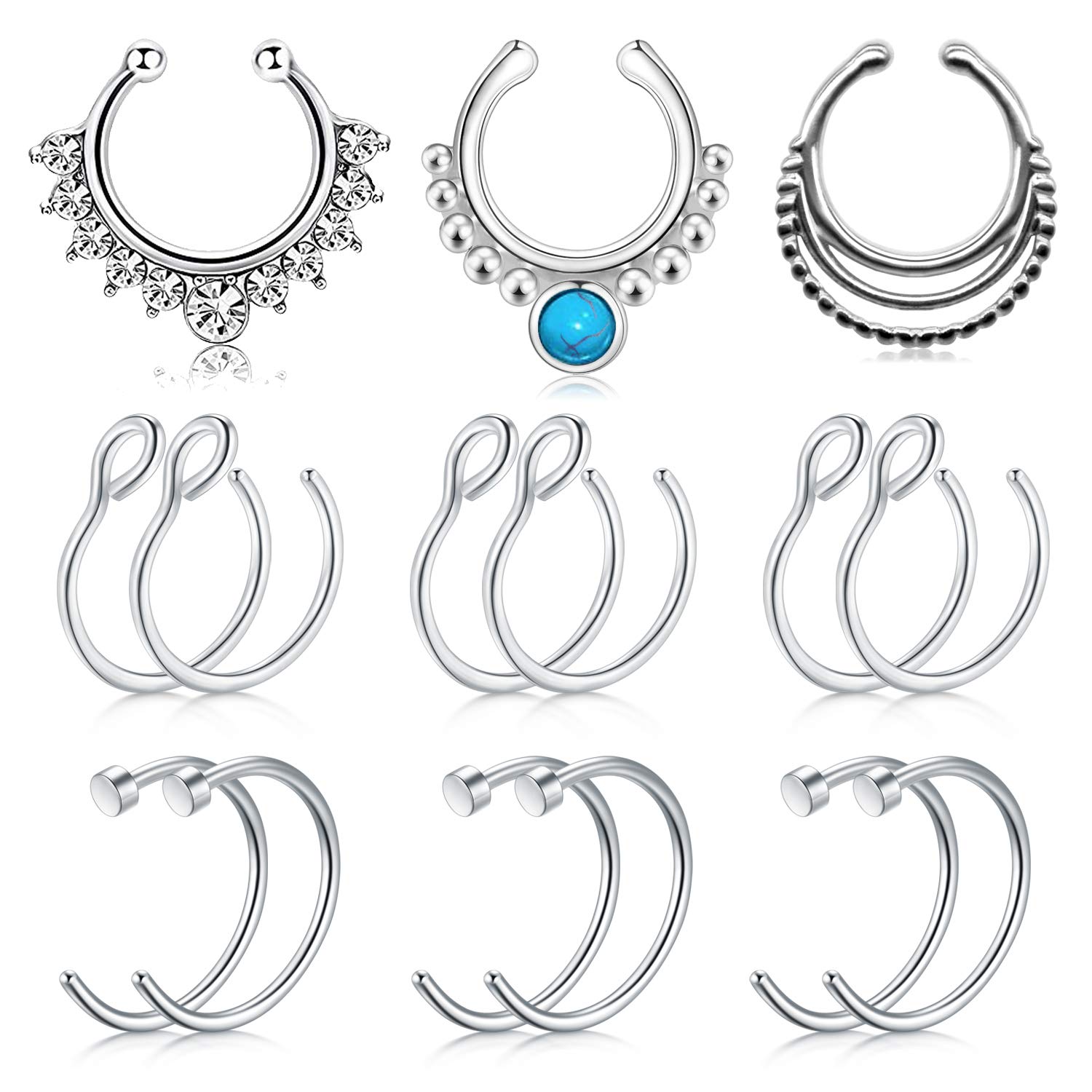 Mayhoop 15 Pcs Fake Piercings Fake Nose Rings Hoop Fake Septum 16G 18G Stainless Steel Clip on Fake Nose Lip Ear Rings Non Pierced Body Piercing Jewelry