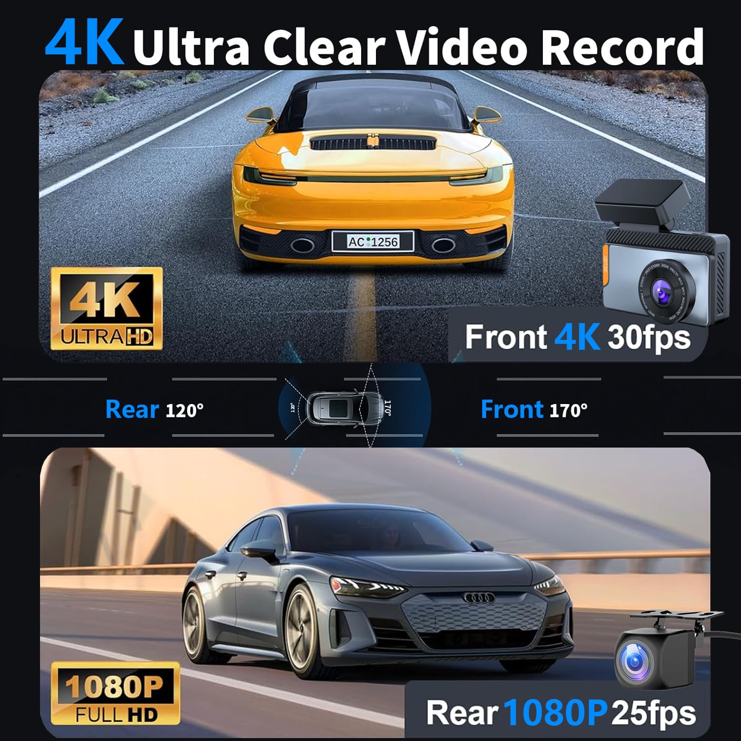4K Dual Channel Dash Cam Front and Rear, Free 64GB Card Included, 5.8GHz WiFi Dash Camera for Cars, Built-in GPS, G-Sensor, 170°Wide Angle, 3