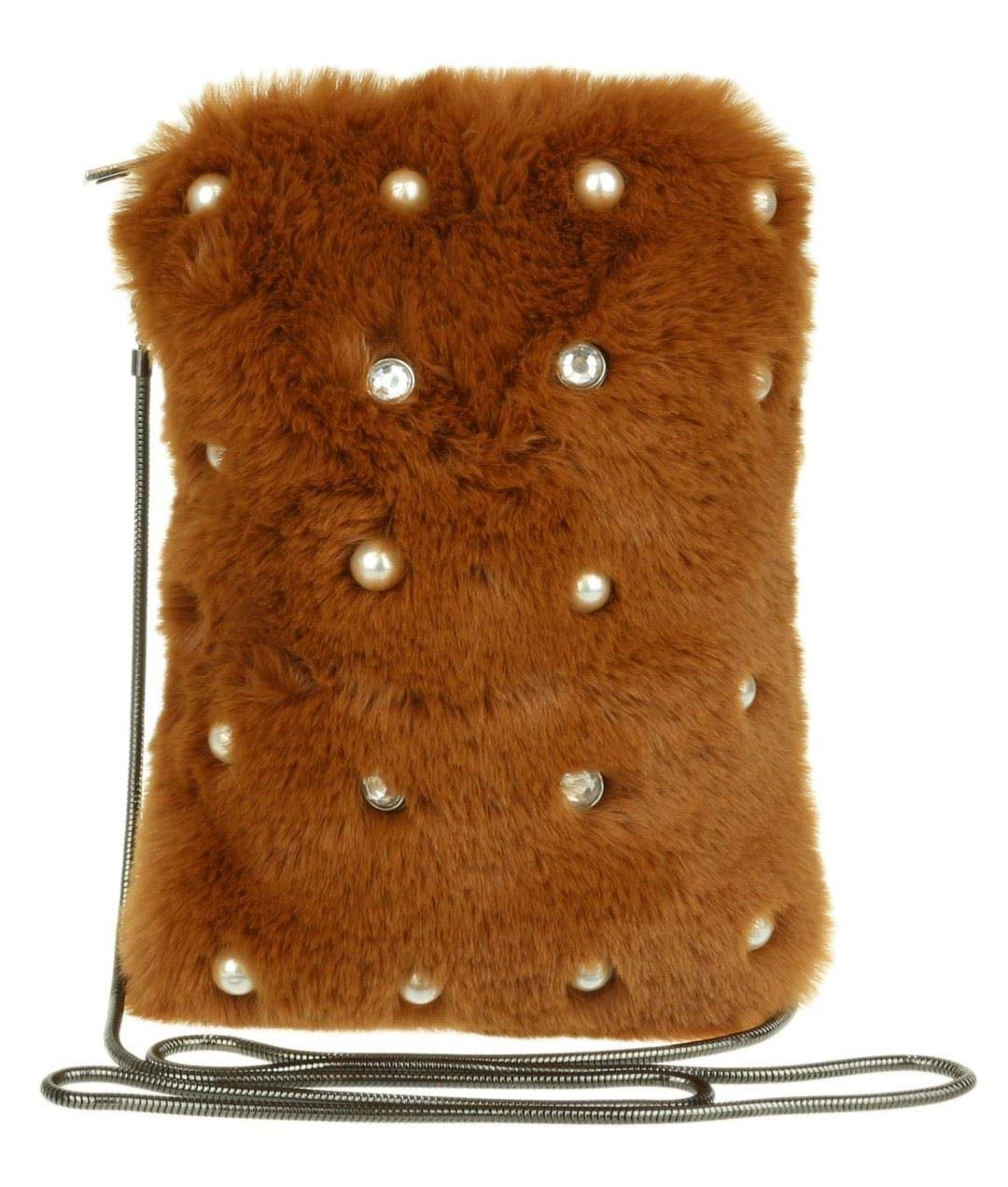 Girly Handbags Womens Pearls Fur Clutch Bag - Brown