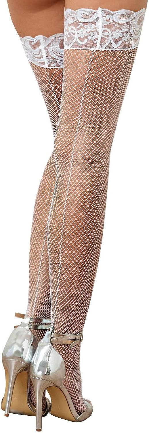 Dreamgirl Women's Fishnet Thigh-High Stockings with Silicone Lace Top, Black, One Size: Thigh High Stockings: Clothing