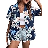 Women Hawaii Shirts: Soft Cool Floral Tropic Print V Neck Summer Tops Short Sleeve Button Up Tops T-Shirt