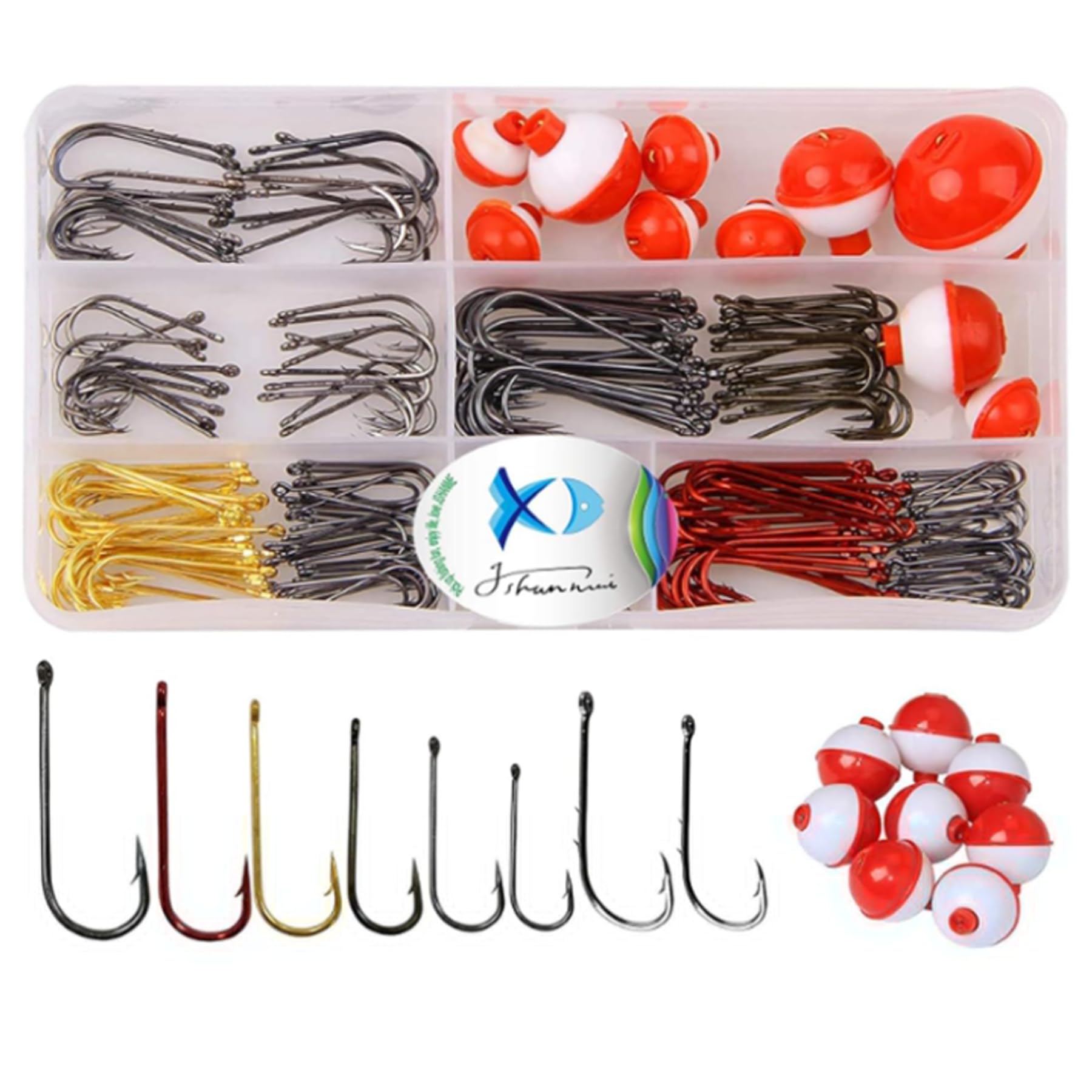 JSHANMEI 200pcs Fishing Tackle Box Kit, Long Shank Baitholder Fishing Hooks Split Rings Swivels Connectors Aberdeen Hooks Fishing Bobbers, Fishing Hooks Tackle Box Set