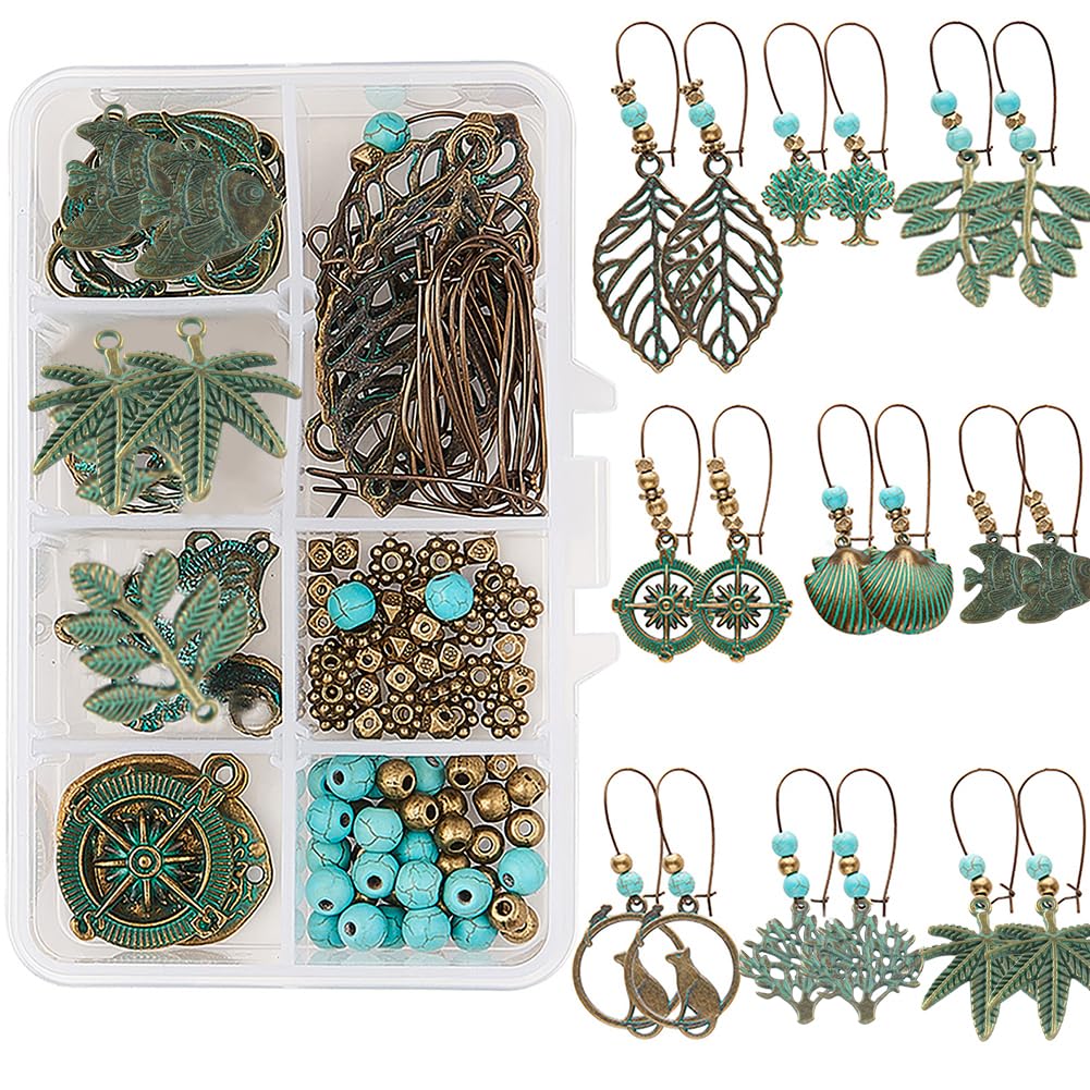 SUNNYCLUE 1 Box DIY 9 Pairs Bohemian Vintage Turquoise Dangle Earrings Set Boho Chic Jewellery Making Kit Tree of Life Charms Hollow Pendant for St. Patrick's Day