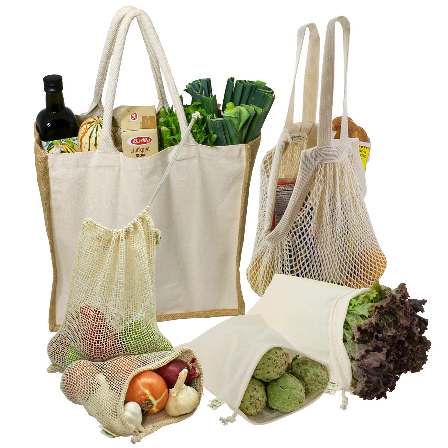 Simple Ecology Organic Reusable Farmers Market Grocery Shopping Bag Set (Gift & Starter Set, Durable Handles, String Produce Saver Bags, Food Storage, Bulk bin, with Tare Weight tag and Drawstring)