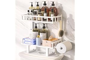 Cozivolife Bamboo Over The Toilet Storage Shelf,Non-Trace Adhesive Bathroom Organizer Shelf with Toilet Paper Rolls Holder and Hooks, Above Toilet Storage Rack Space Saver (White, M)