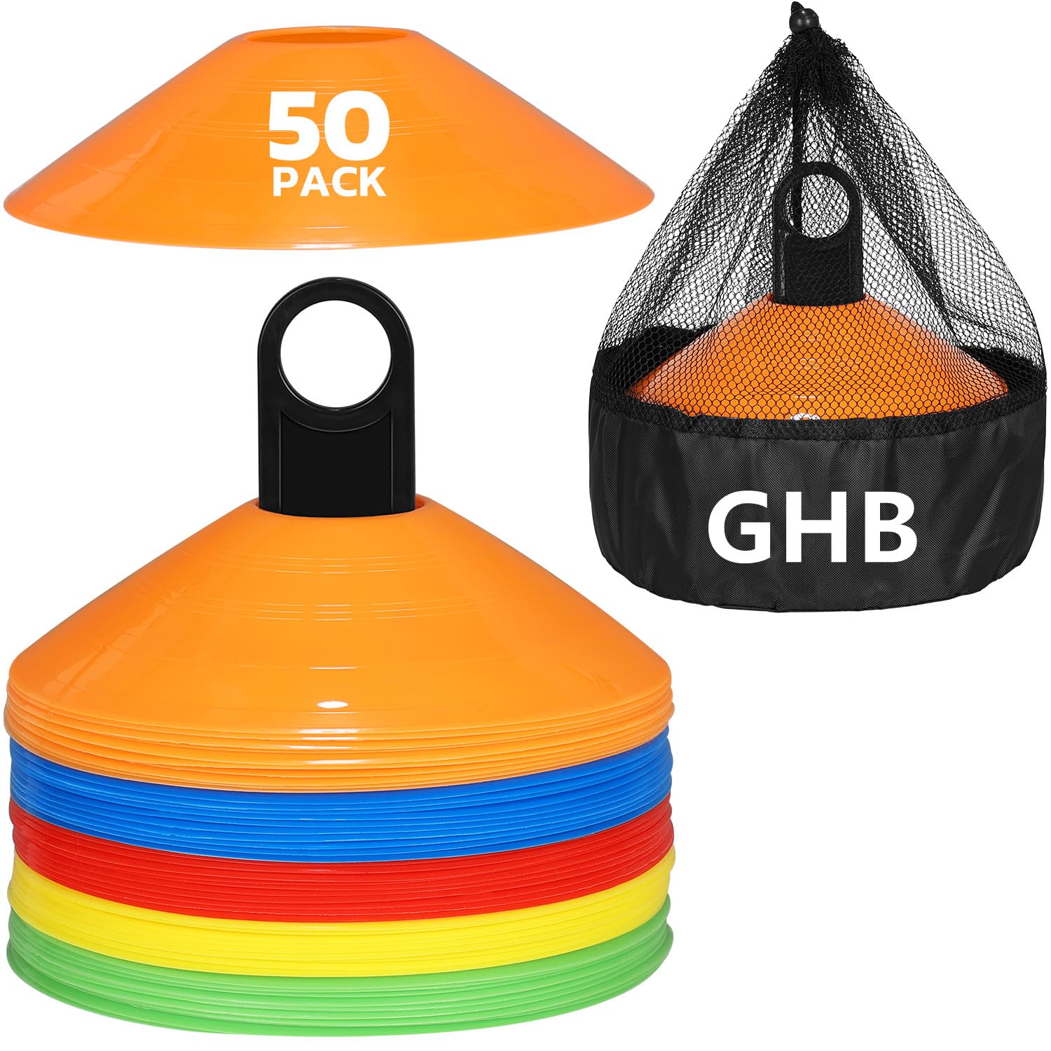 Photo 1 of GHB Soccer Cones 25/50/100 Pack Disc Soccer Sport Cones Training Field Marker Agility Cones for Traffic, Basketball, Coaching, Practice Equipment Includes Cone Drills Guide (50Pcs Multicolor)