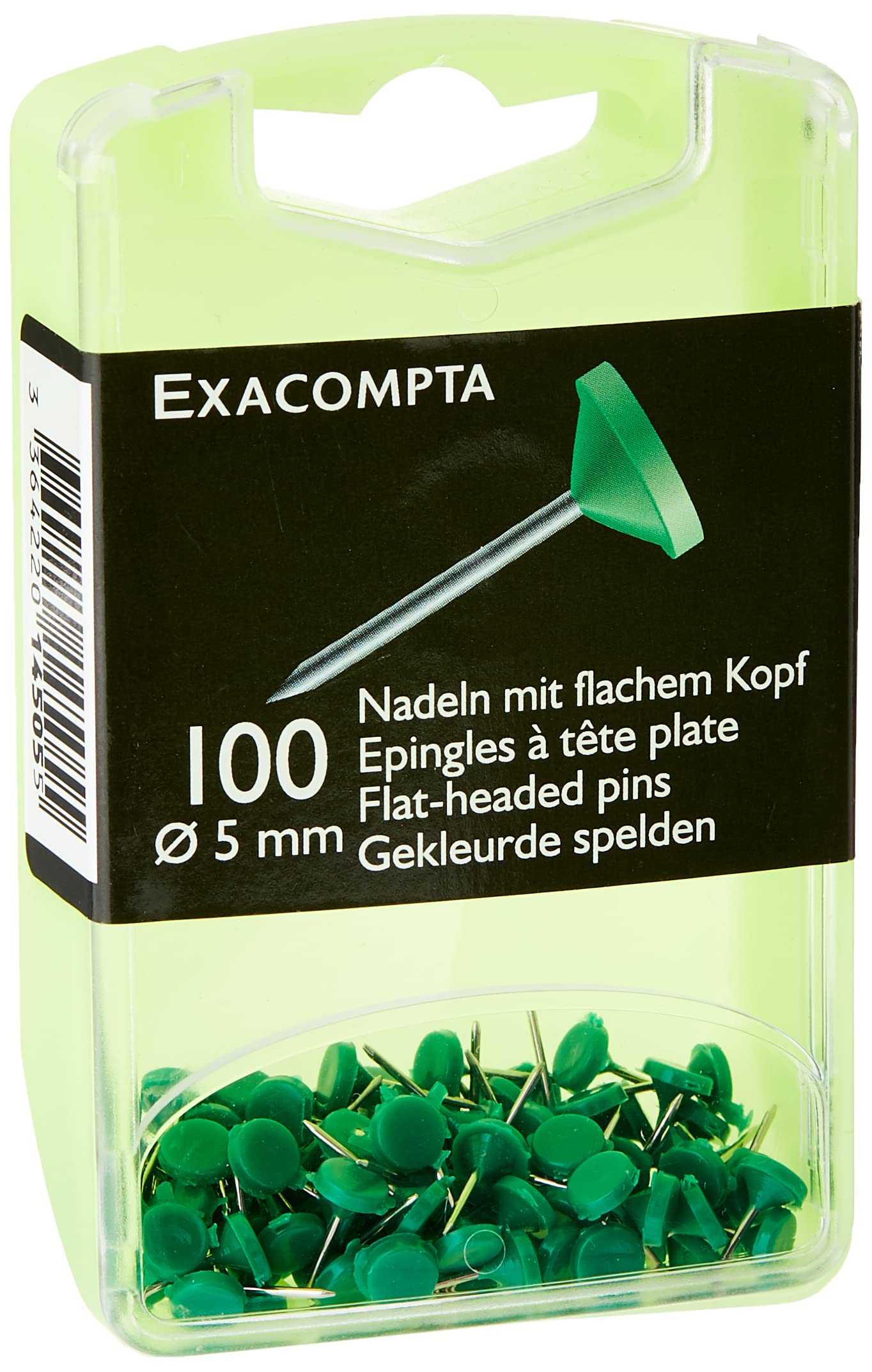 Exacompta - Ref 14505E - Flat-Headed Pins (Pack of 100) - 8mm Width x 5mm Height in Size - Suitable for Pinboards or Corkboards in Offices, Homes & Businesses - Green — image 1