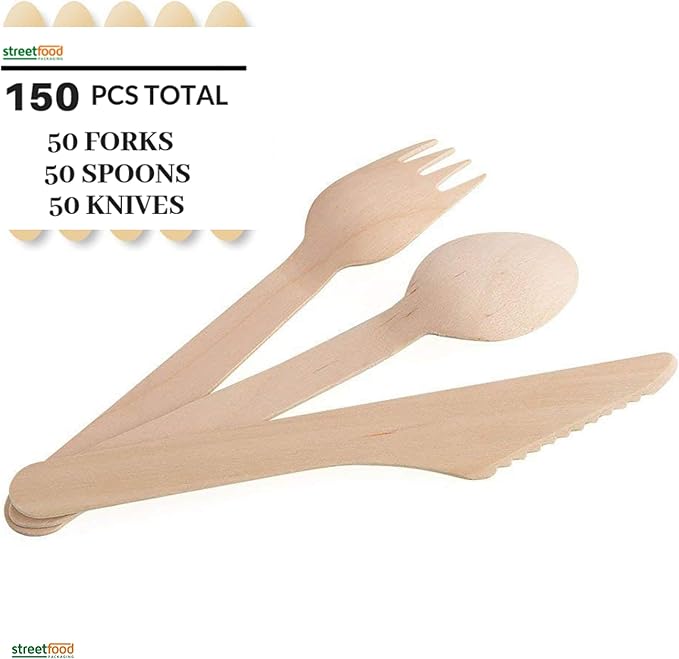 Disposable Wooden Cutlery Sets 150 Piece Total 50 Forks, 50 Spoons