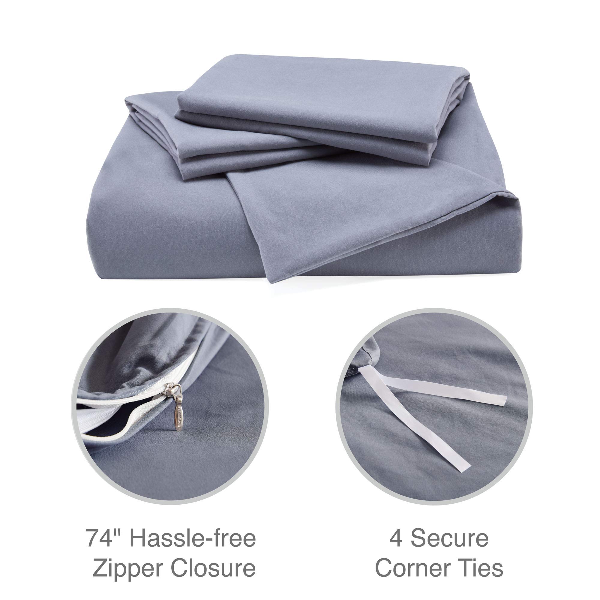 SLEEP ZONE Bedding Duvet Cover Sets Cooling 120gsm Soft Zipper Closure Corner Ties 3 PC, Gray,Full/Queen