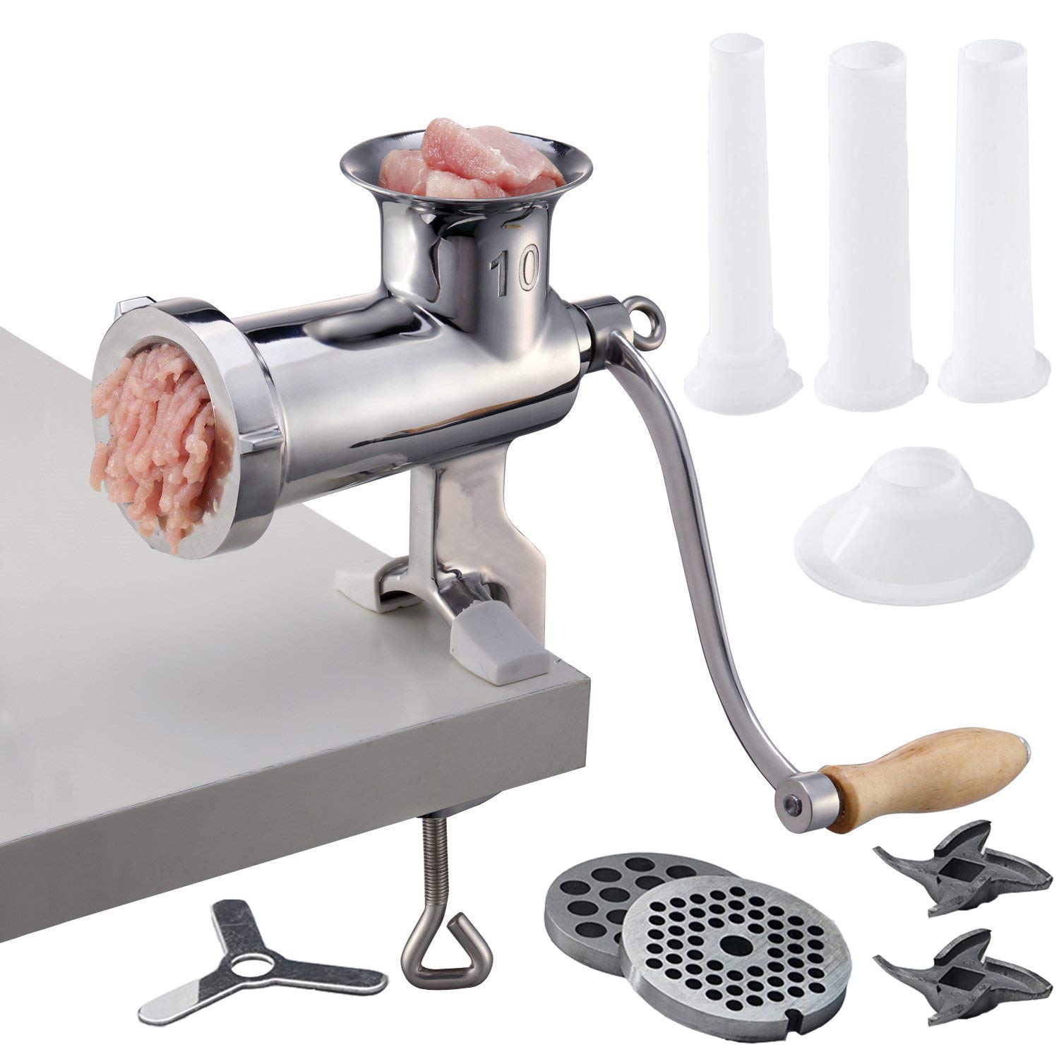 CAM2 304 Stainless Steel Heavy Duty Manual Meat Grinder #10 Clamp-on Hand Grinder With 420 Stainless Steel Blade (10#)