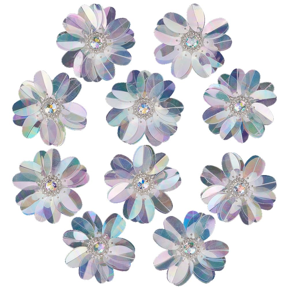 GORGECRAFT 10Pcs Plastic Sequin Flowers with Rhinestones Crystal Beaded Floral Applique for Women DIY Hair Clip Bags Brooch Wedding Dress Shoes Garment Craft Dresses Gift Wrapping Hair Accessories