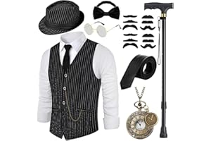 VillbeCoser 1920s Mens Costume, Roaring 20s Costumes Accessories Set Vest Foldable Crutches Fedora Hat Pocket Watch Tie