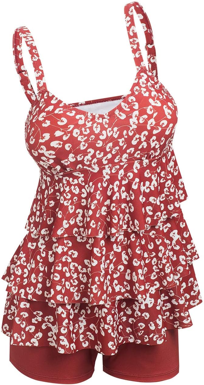 Ecupper Women's Tankini Sets with Shorts Plus Size Ruffle Swimming Costume Floral Printed Swimsuits