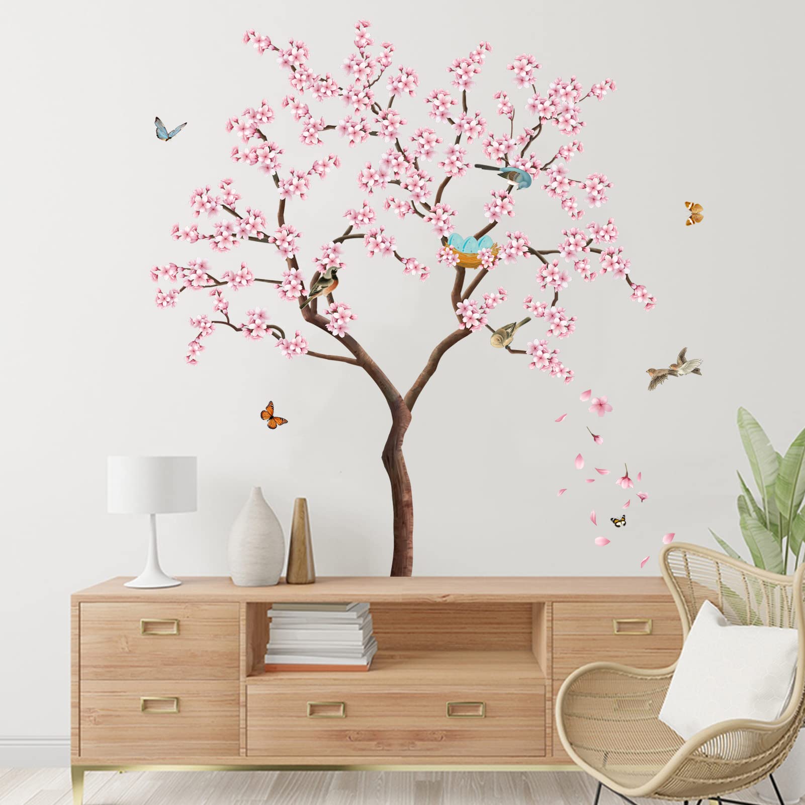 AnFigure Pink Blossom Tree Wall Stickers Living Room Women Bedroom Girls Room Wall Decals Birds on Branch Butterfly Nature Plant Flower Wall Sticker TV Sofa Background Wall Decor (Tree H: 34")