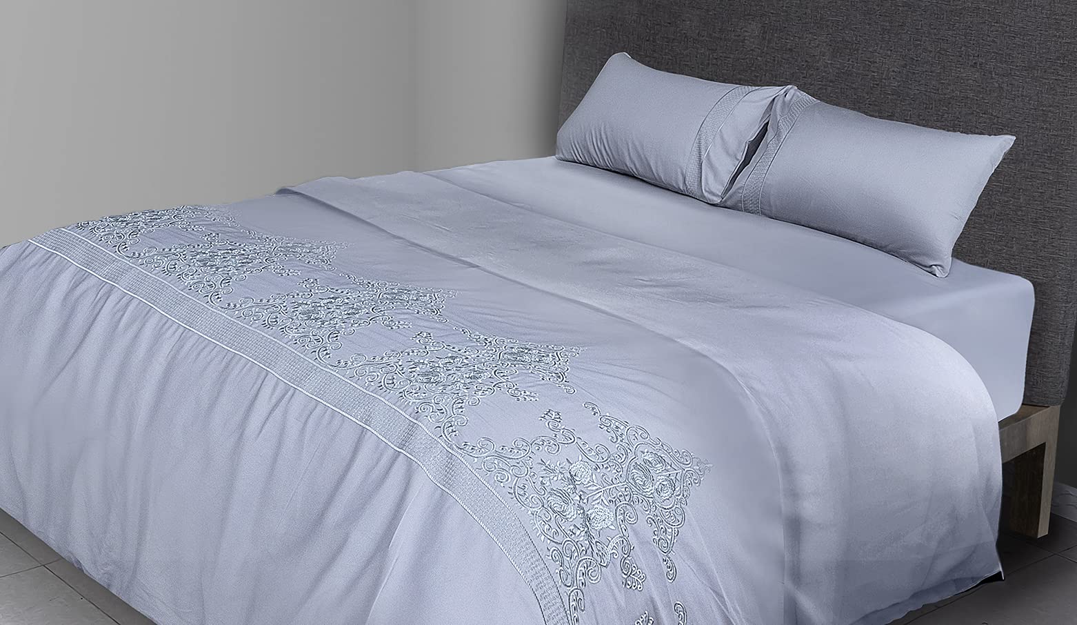 FLAX LINEN 4-Piece Super King Duvet Set, Gloria Modern Collection, 400 TC Long Staple Organic Egyptian Cotton Bedding, Includes 1 Duvet Cover + 1 Fitted Sheet + 2 Pillowcases, Charcoal