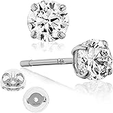 14K Solid Gold Round Cubic Zirconia Stud Earrings for Women – Real Gold Solitaire CZ Studs with Comfortable Push-Backs – Everyday Classic in Multiple Sizes (2mm – 8mm), Yellow Gold or White Gold