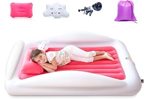 Sleepah Inflatable Toddler Travel Bed Portable Kids Air Mattress Set w Safety Rail Guards for Kids & Toddlers – Includes Pump, Carry Case, Pillow & More - Perfect Transitional Cot Coral