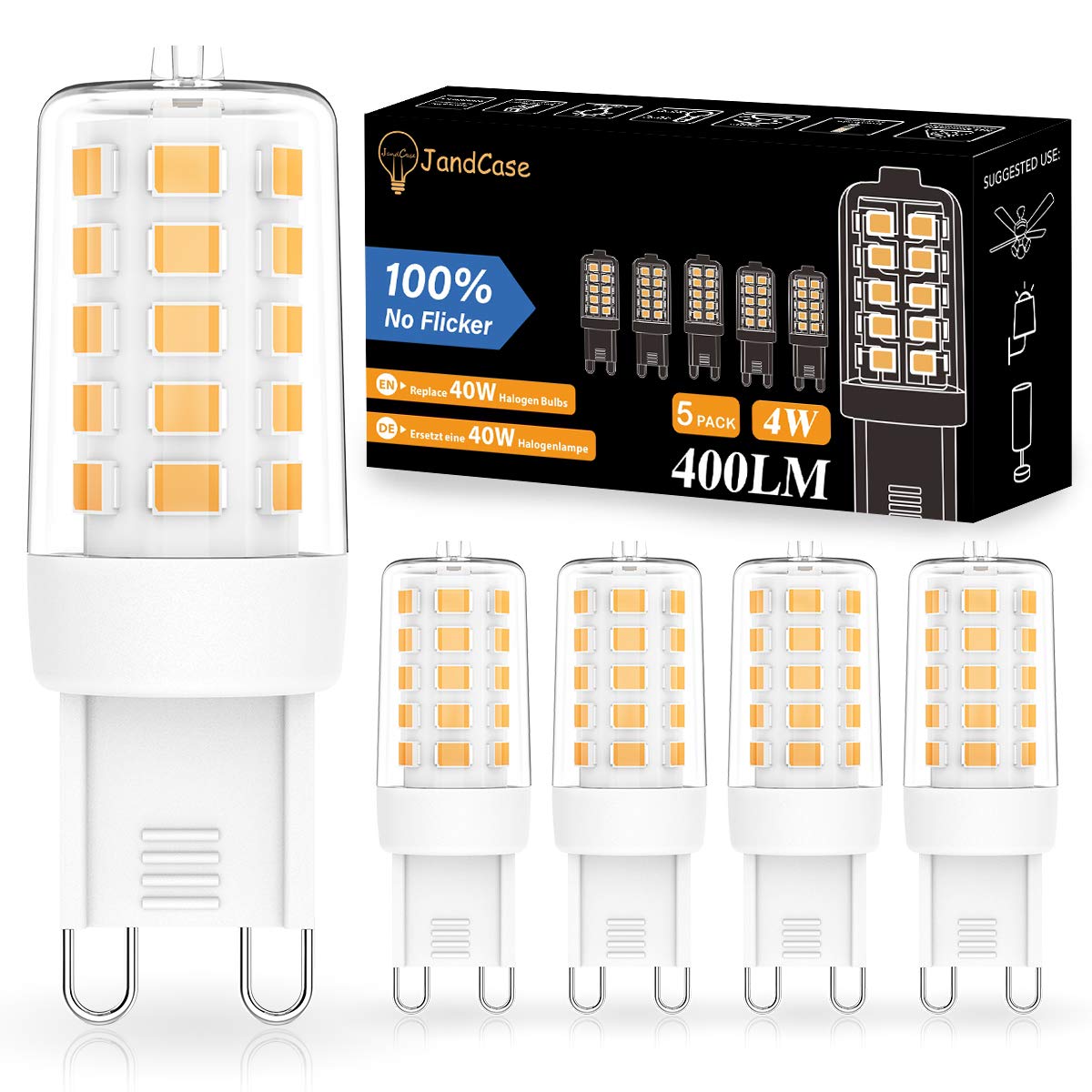 JandCase G9 LED Light Bulbs, [5 Pack], 4W Capsule Bulbs, G9 Light Bulbs, Warm White 3000K, 400 Lumen, 360° Beam Angle, 100% No Flicker, Non-dimmable