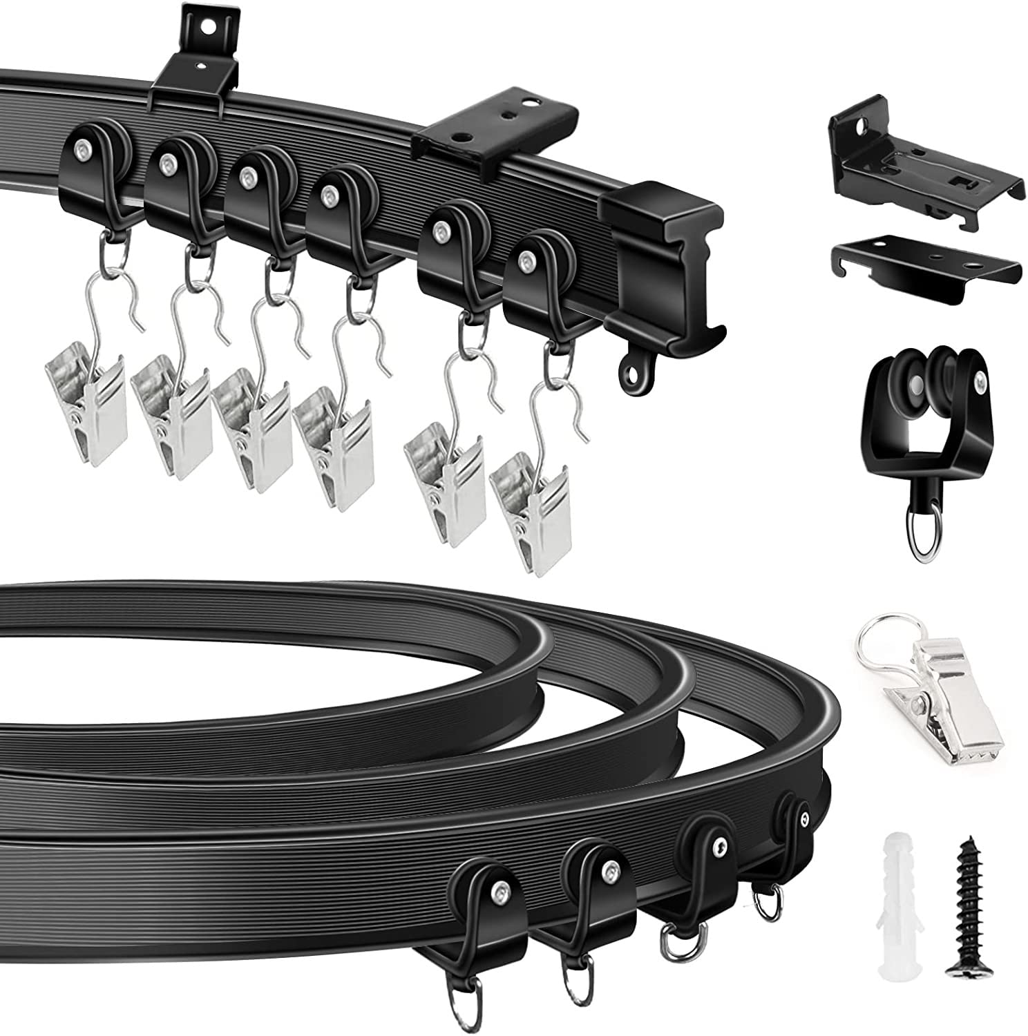 KOLAKO Ceiling Curtain Track, 5Meter/16Ft Curved Curtain Rail Wall Ceiling Mounted Flexible Heavy Duty Curtain Track System Room Divider For Bay Window Bunk Bed RV, Black Curtain Tracks and Fittings