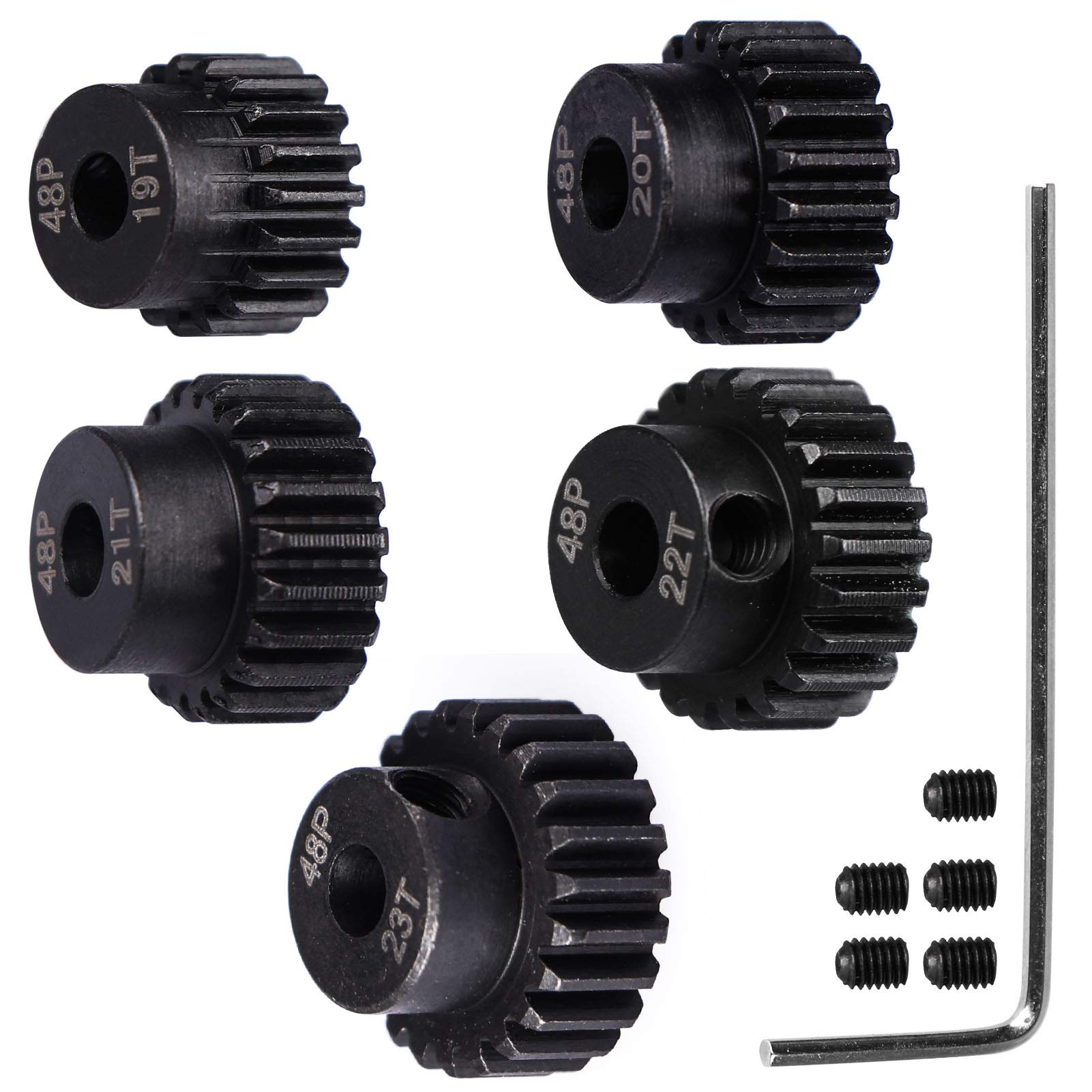 48P Hardened Steel Upgrade Pinion Gear Set: 19T 20T 21T 22T 23T fit 3.175mm (1/8-Inch) RC Motor Shaft (Work with Steel Spur Gear) for RC Cars, Set of 5