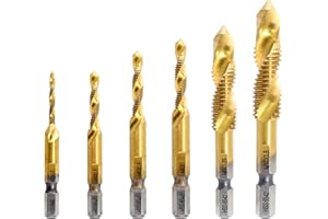 Bonsicoky 6 Pcs Combination Tap and Drill Bit Set, Multi Use Countersink Hex Bit Set, M3 M4 M5 M6 M8 M10, Gold