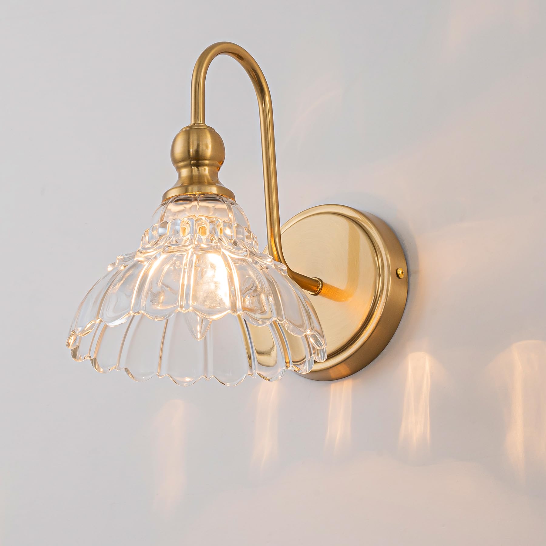 Photo 1 of BrkNit Vintage Bathroom Light Fixtures Over Mirror, 1-Light Brass Wall Sconce Lighting with Flower Glass Shade, Farmhouse Vanity Lights for Bedroom Kitchen Living Room Hallway Light