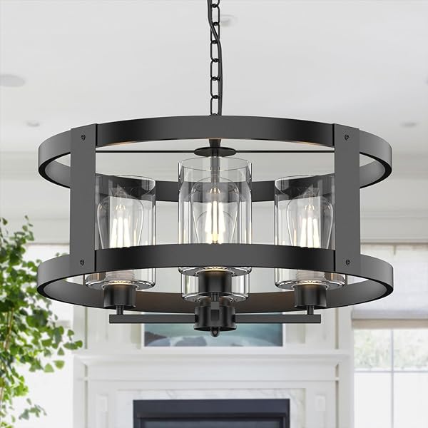QIANZHAN 4-LIGHT FARMHOUSE CHANDELIER, 20″ BLACK LIGHT FIXTURE...