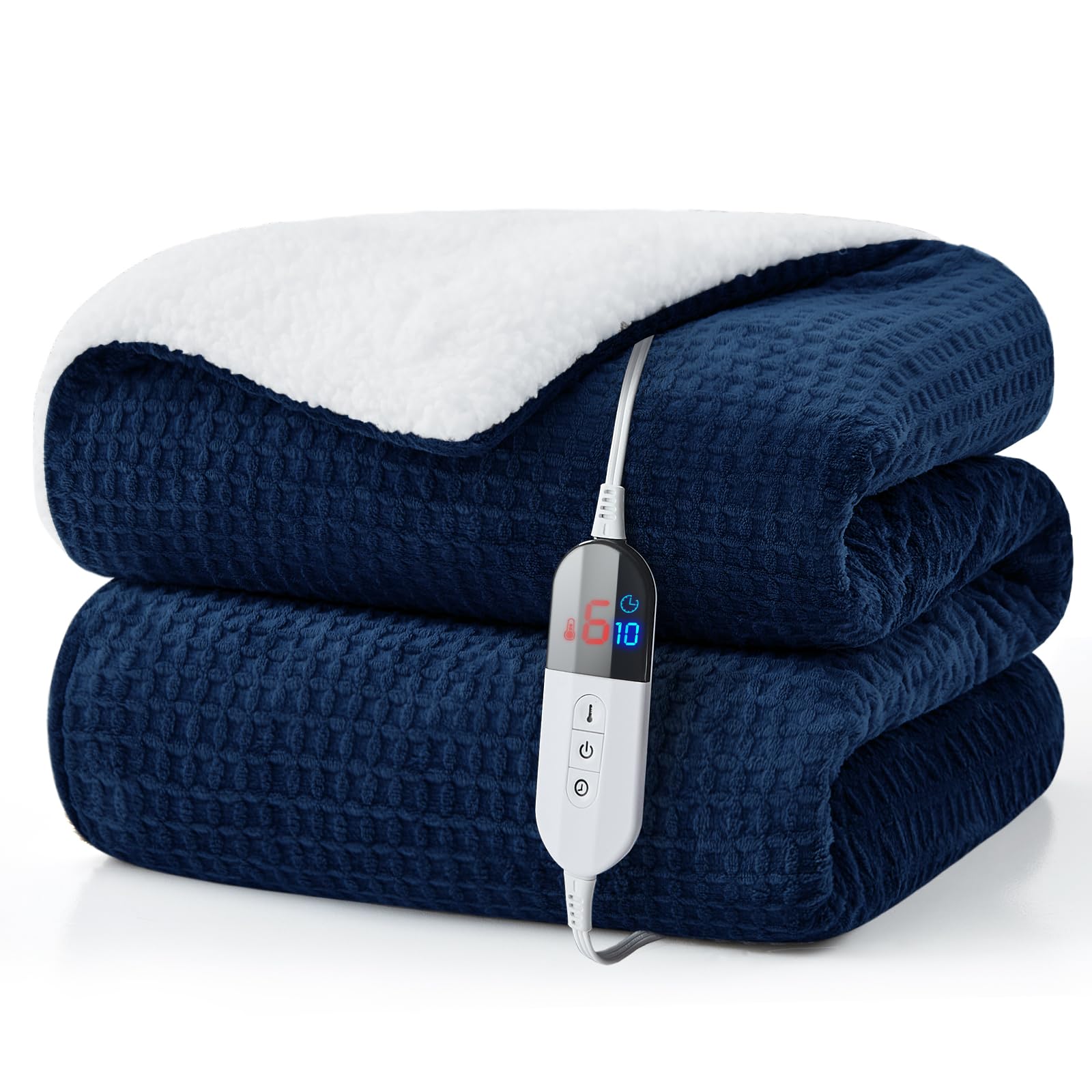 Photo 1 of Easthome Electric Heated Blanket Twin Size - Waffle Sherpa 62"x84" Fast Heating Bed Blankets Throw with 6 Heating Levels & 10 Hours Auto Off, Over-Heat Protection ETL, Navy Blue