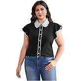 Verdusa Women's Plus Size Button Front Collared Blouse Ruffle Cap Sleeve Summer Tops
