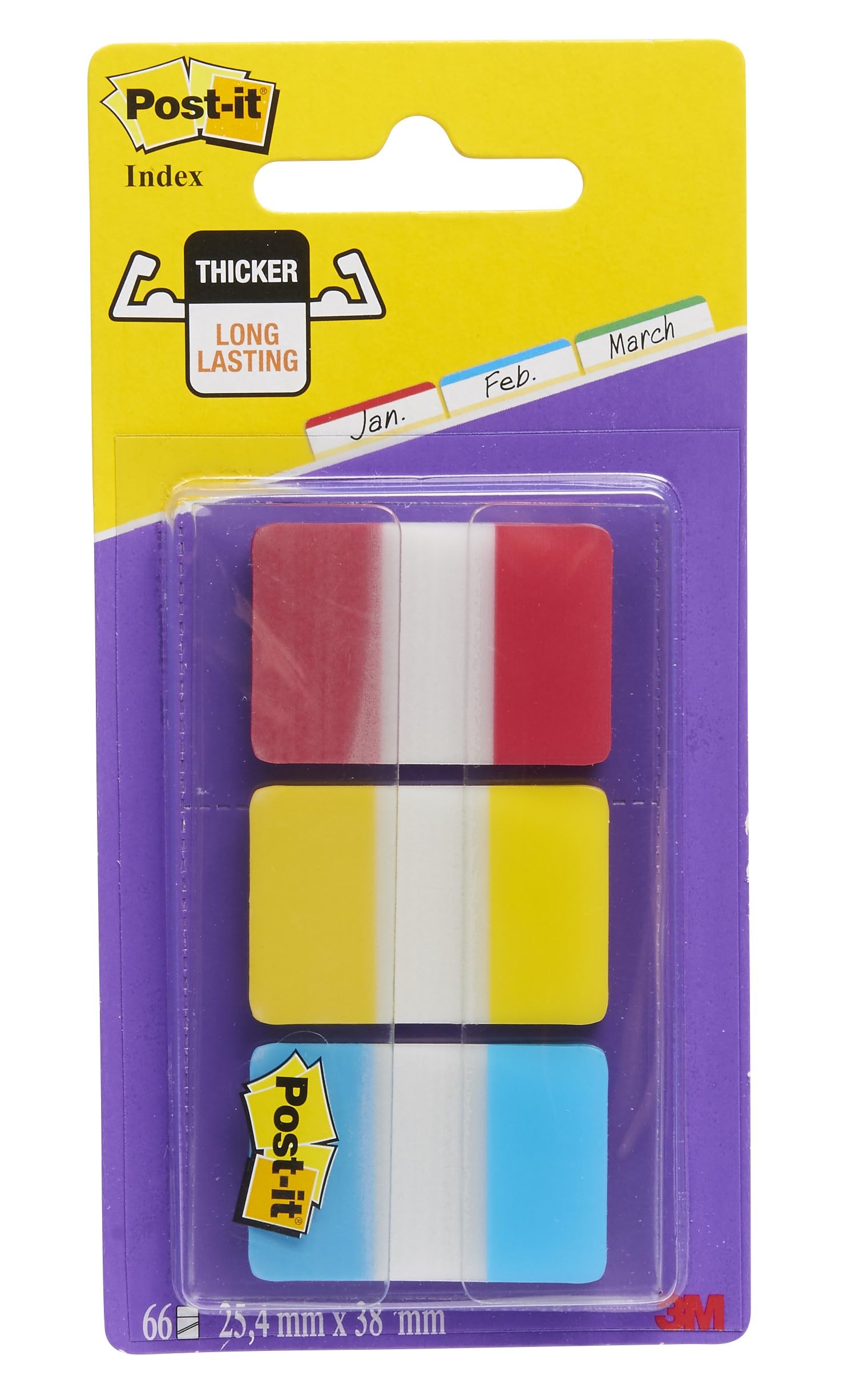 Post-it Index Strong Filing Tabs, Pack of 1 Dispenser, of 66 Tabs,25.4 mm x 38 mm, Yellow, Red, Blue Colors - Extra Strong Sticky Flags for Documents and Information