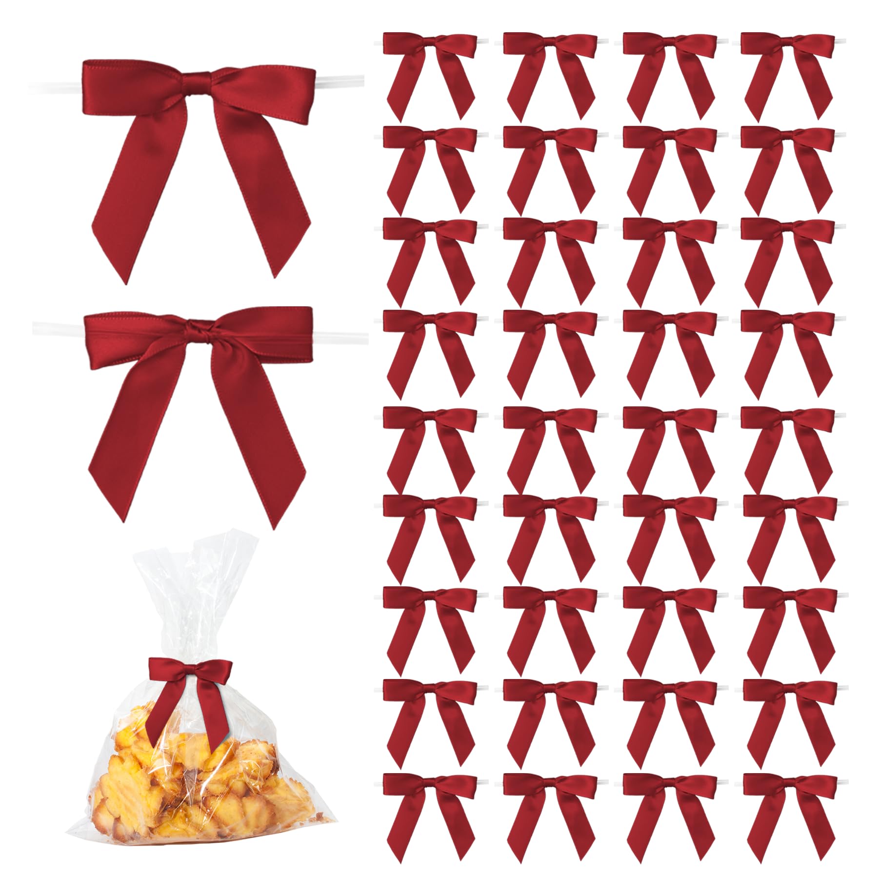 Photo 1 of 50Pcs Wine Red Twist Tie Bows for Gift Wrapping 2.5" Satin Ribbon Bow for Treat Bags Cake Balloons Birthday Party Favors Wedding Decorations