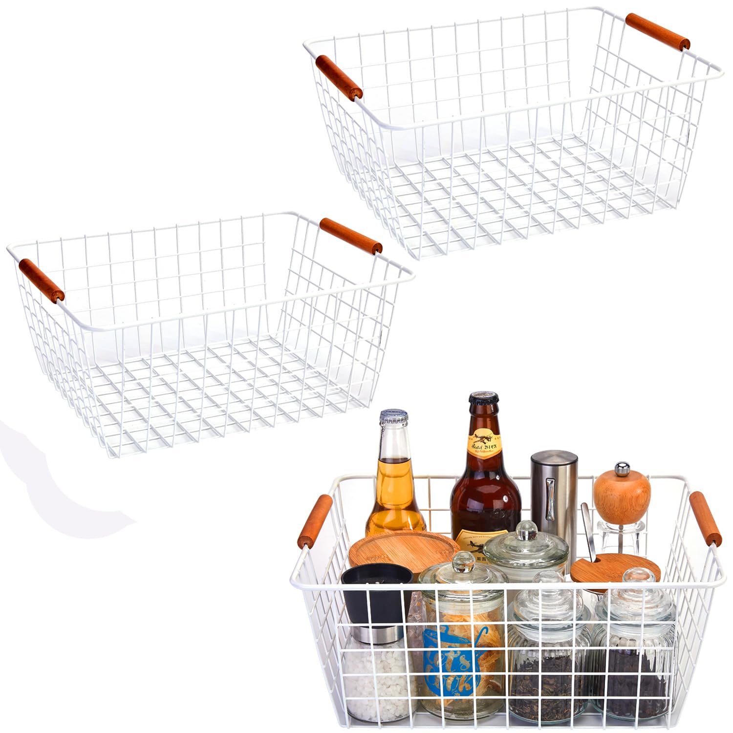 LeleCAT Large white wire baskets with Wooden Handles for storage pantry, Storage Organizer Baskets, Household Refrigerator for Cabinets, Closets, Bedrooms, kitchen - Set of 3 White Image