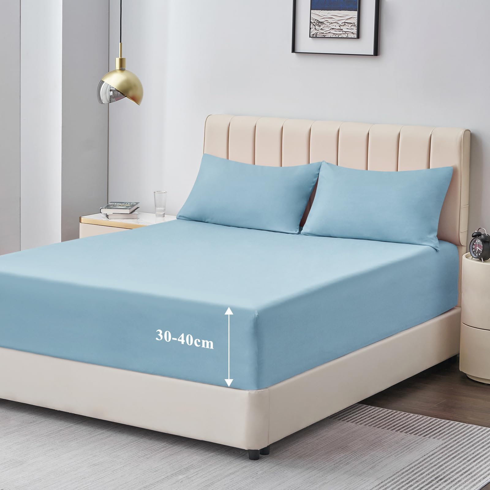 Aisbo Double Fitted Sheet Spa Blue - Extra Deep Pocket Bed Sheet 16 inch 40 cm - Microfiber Bottom Sheet, 135x190cm