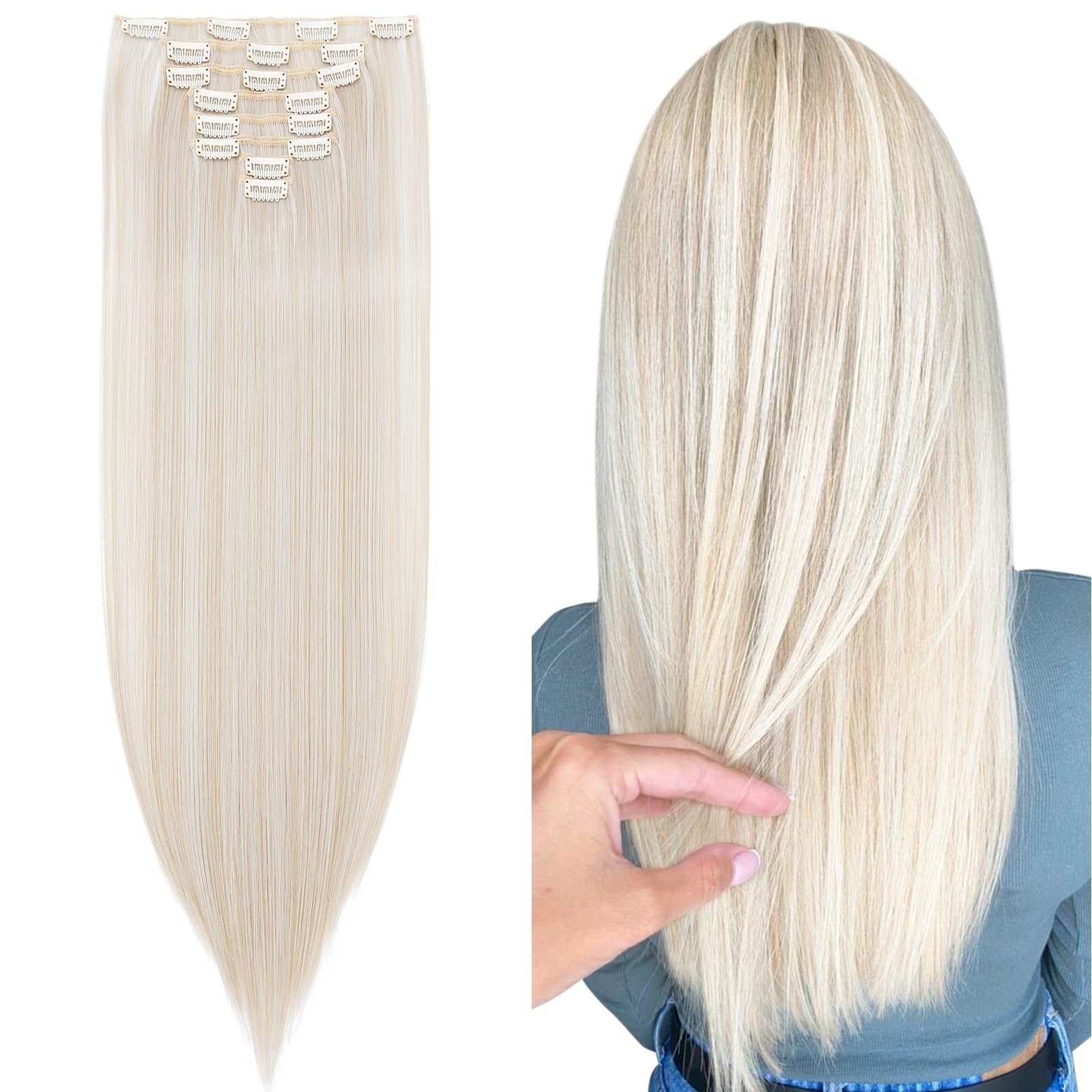 Silk-co Clip in Hair Extensions 26" Blond&Silver Grey 100% Synthetic Hairpiece Extension 8pcs Long Straight Hair Pieces For Full Head — image 1
