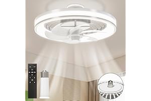 HISUMMER Socket Fan Light with Remote, 2 In 1 Screw In Ceiling Fan With Light and Remote, 13 Inch Plug In Bladeless Flush Mount Ceiling Fan, Small Dimmable Low Profile Ceiling Fan for Bedroom Kitchen Garage