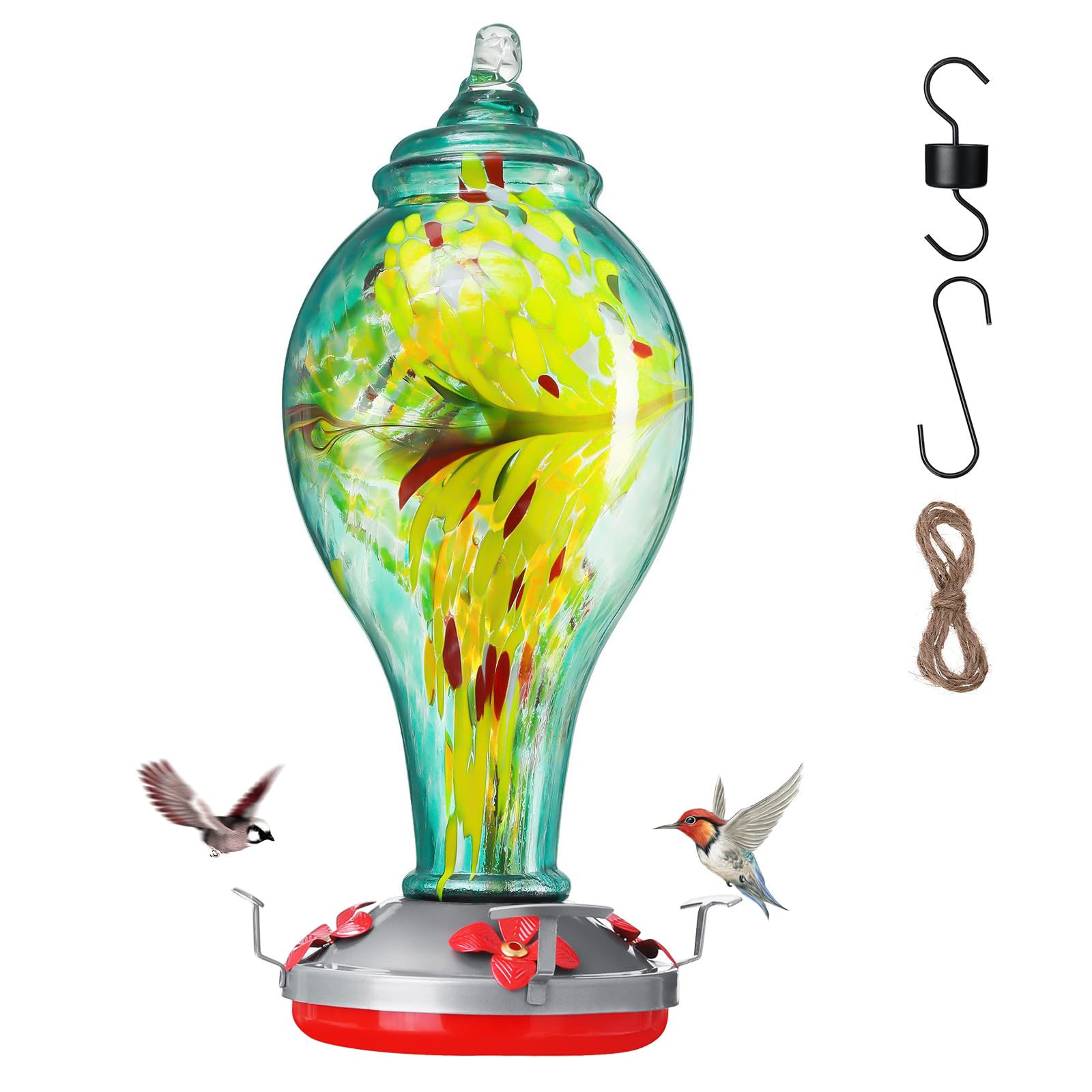 Photo 1 of 36 oz Hummingbird Feeder for Outdoors Hanging Ant Proof, Stunning Glass Bird Feeder-Leak Proof&All Weather Use, with Hook&Rope&Brush, Outside Garden Yard Window Patio Decor