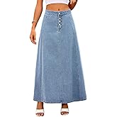 ebossy Women's High Waist Denim Skirt Classic 4-Button Flare A Line Stretch Maxi Long Jean Skirts with Pockets