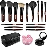 Travel Makeup Brush Set–Mini Makeup Brushes for Foundation, Powder, Eyeshadow, Blush, Contour, Concealer with Case, Silicone Brush Cleaner & Mini Hair Brush with Mirror–Perfect for Travel & Daily Usez