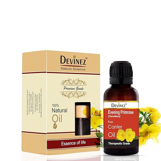 Devinez Evening Primrose Cold Pressed Oil, 100% Pure, Natural & Undiluted, 15ml in Glass Bottle - Acne, Help reduce wrinkles, moisturizes the skin, scalp and hair