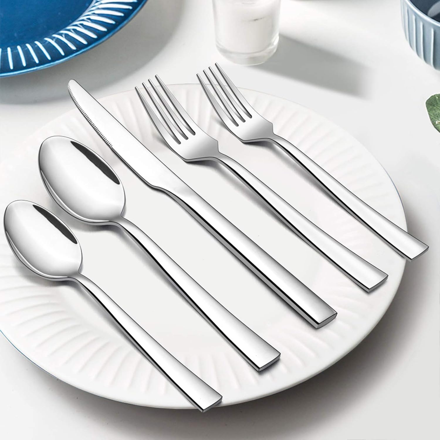  | 60-Piece Silverware Set, E-far Stainless Steel Flatware Set Service for 12, Tableware Cutlery Set for Home Restaurant Party, Dinner Forks/Spoons/Knives, Square Edge & Mirror Polished, Dishwasher Safe: Flatware Sets