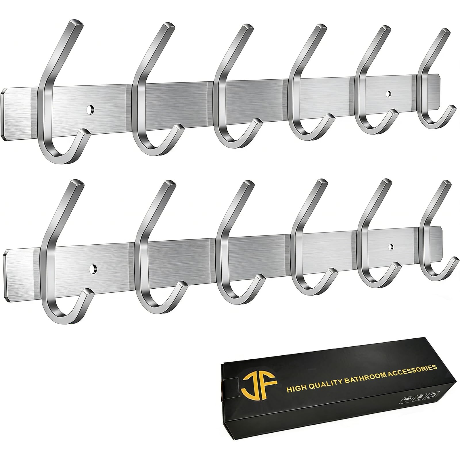 JOLY FANG Wall-Mounted Coat Rack, Stainless Steel Coat Hooks for Bedroom, Bathroom, Kitchen (6-Hooks, 2 Pieces, Silver)