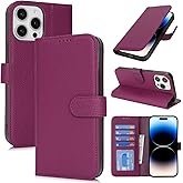 Zouzt Case for iPhone 14 Pro 6.1" Genuine Leather Wallet Case with 4 Card Slot, RFID Blocking Card Holder Magnetic Flip Folio Kickstand Shockproof Phone Cover Women Men - Rose Purple