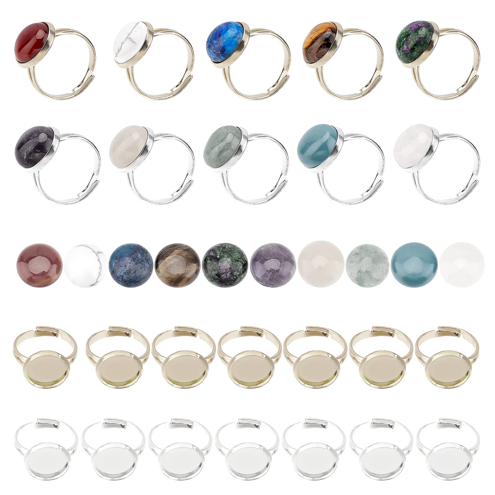 SUNNYCLUE 40pcs 2 Colors Gemstone Cabochon Settings Adjustable Ring Blank with 12mm 10 Color Gemstone Cabochons Ring Making Kit for DIY Jewellery Making Crafts Supplies